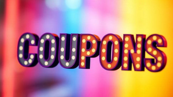 Colorful 'COUPONS' text on rainbow gradient background.