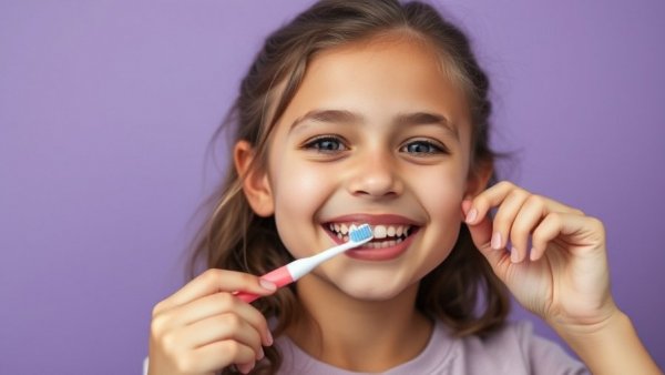 Smiling young girl brushing teeth, children's dentist theme