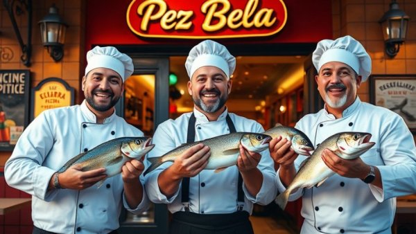 Chefs at a must-try restaurant in Quito holding fresh fish.