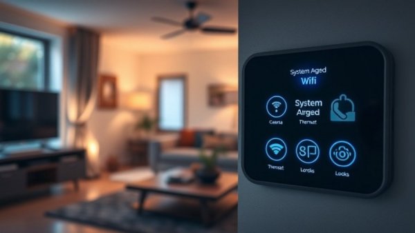 Smart home security system with status icons in modern room.
