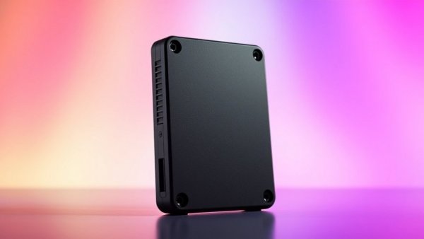Sleek black external SSD with vibrant digital background.