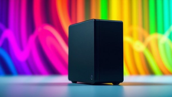Sleek black external hard drive on vibrant multicolored background.