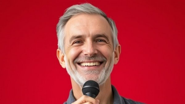 Middle-aged man talking about California wealth tax, smiling while holding a microphone.