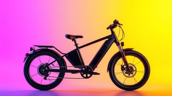 Sleek electric bike with colorful gradient backdrop.
