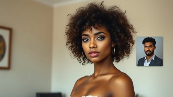 Celebrity news: Stylish woman with curly hair alongside inset photo of a man.