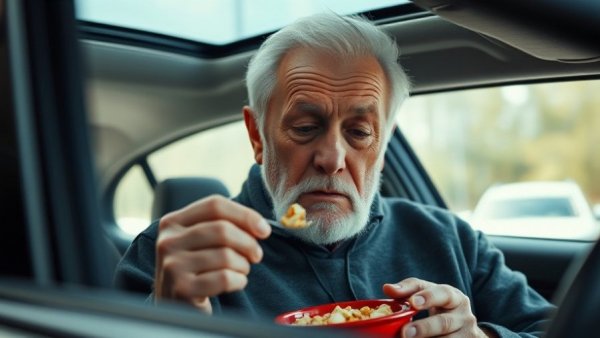 Celebrity news: Older man casually eating cereal in a car.