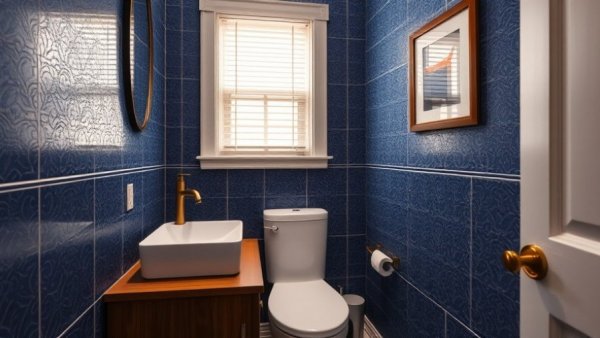 Intricate blue tile walls in a 5×7 bathroom remodel with artwork.