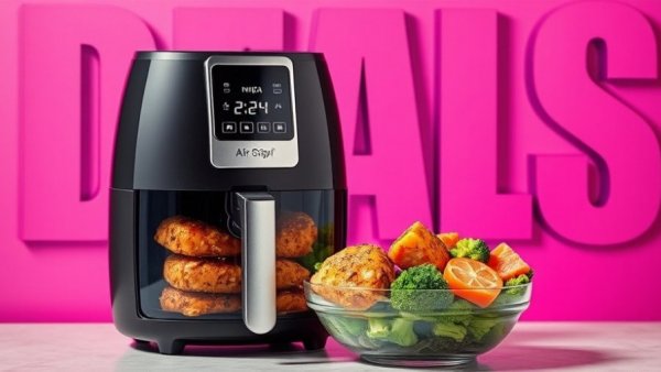 Ninja Crispi Portable Glass Air Fryer with vibrant deals background.