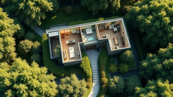 Modern expandable housing model top view showing layout and greenery.