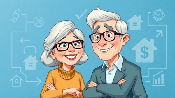 Senior home sellers profits concept in a cartoon illustration.