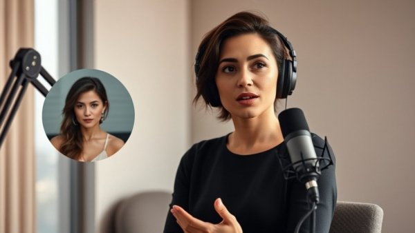 Elegant woman podcasting about celebrity news with portrait inset.
