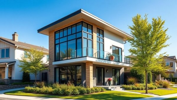 Modern house for sale, lush suburbs, sunny day.