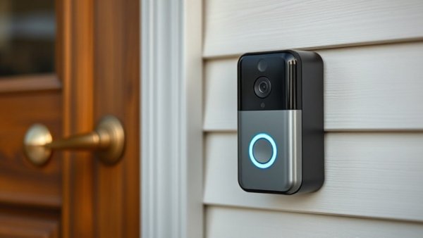 Ring video doorbell mounted on wall near door, showcasing its LED ring, Ring Verify for Video Authenticity.