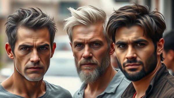 Close-up of three men outdoors, serious expressions, celebrity news.