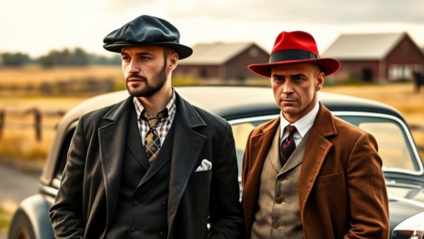 Two men in vintage suits and hats by a car, Diverse Art in Hollywood theme.