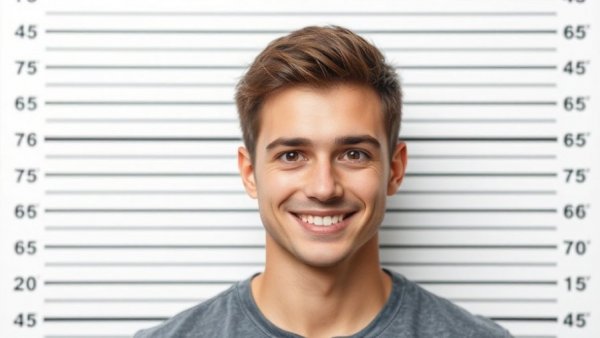 Young man in mugshot photo setting, smiling gently.
