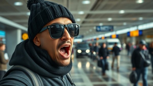 Person in airport with Bad Bunny overlay, discussion on Super Bowl.