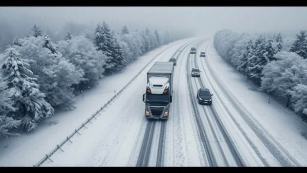 US supply chain impact from mega snowstorm on snowy highway.