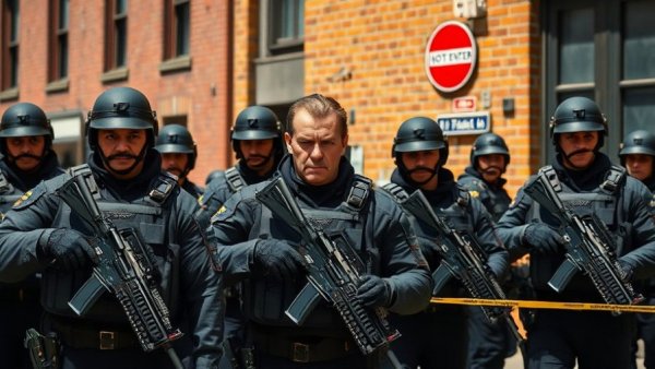 Heavily armed officers standing near police tape in an urban setting.