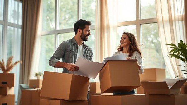 Couple unpacking boxes in new home, tips for family relocation