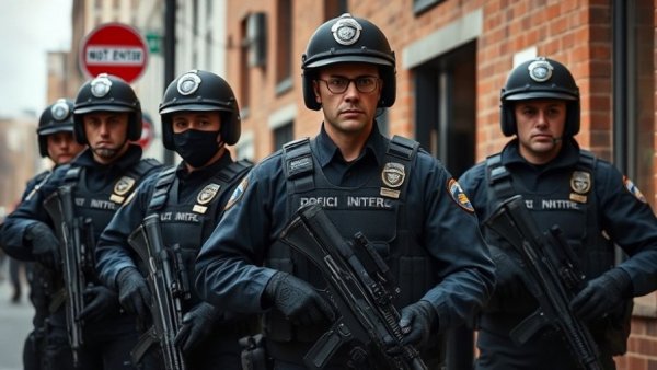 Police officers at incident scene in urban area with tape.