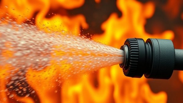 Firefighting nozzle spraying water at blaze - AI in firefighting technology.