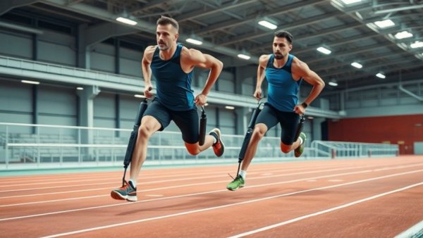 Men sprinting with consumer exoskeleton technology on indoor track.