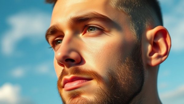Close-up of a young man with a buzz cut under a clear sky.
