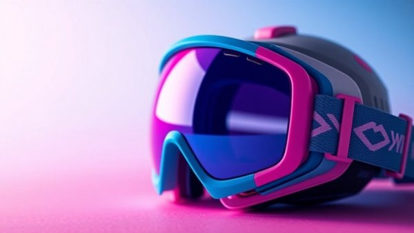 Futuristic ski goggles with vibrant blue and pink design.