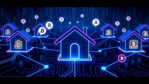 Digital illustration of networked houses and finance symbols, representing second-lien home equity loan.