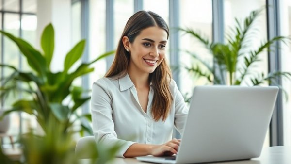Confident woman engaging with smart home security tech in modern office.