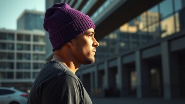 Man in purple beanie walking in city, celebrity news.