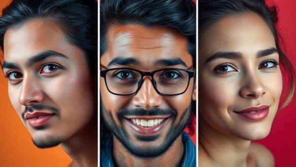 Vibrant collage of three prominent individuals engaging expressions