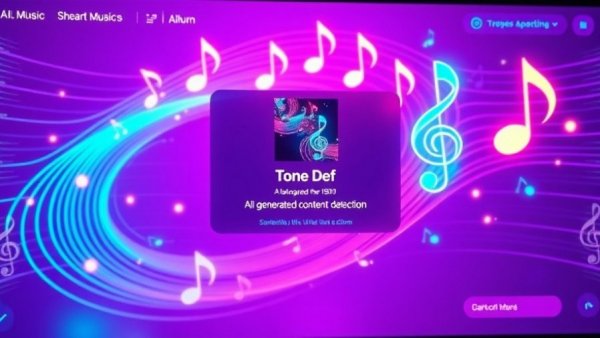 Vibrant interface shows AI-generated music detection with neon notes.