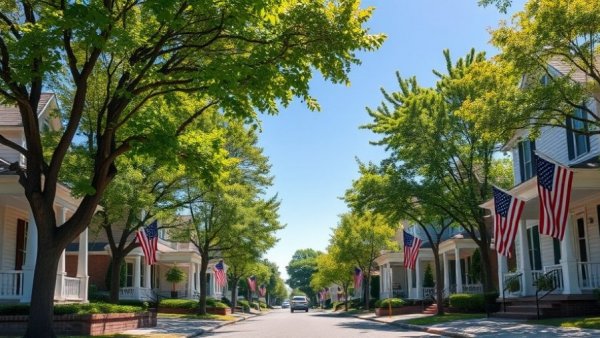Charming suburban street with homes, showcasing factors affecting home insurance premium.