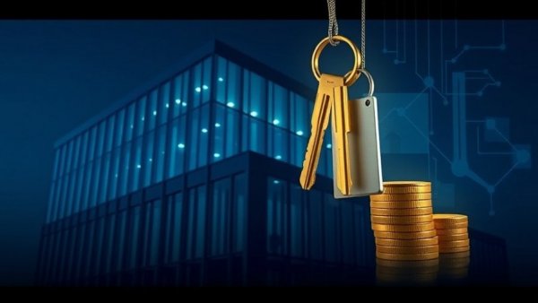 AI-powered real estate closings with digital elements and modern building.