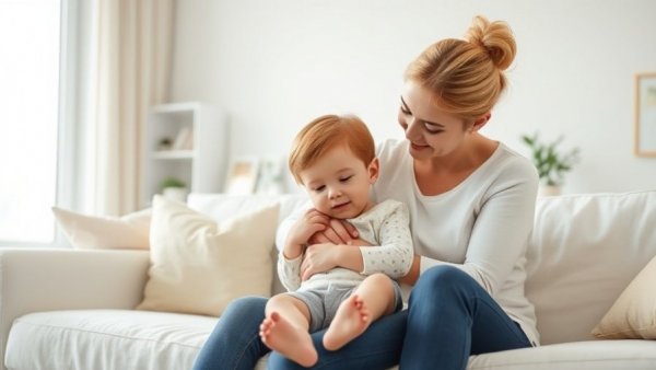 Woman comforting child on a sofa in a bright room, reflecting pediatric dentist care.