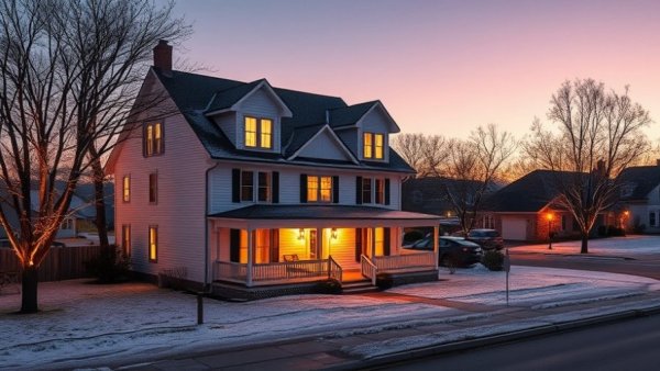 Snow-covered house at twilight showcasing smart security readiness.