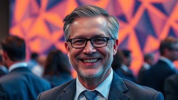 Impactful tech CEO portrait in abstract setting.