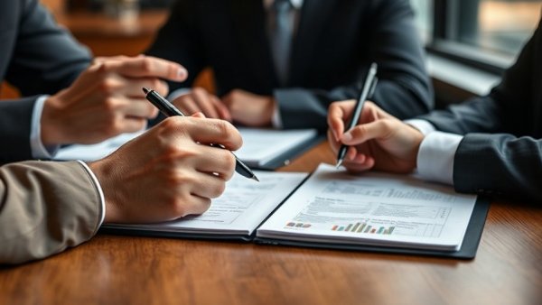 Close-up professional discussion and notes taking, partition action focus.