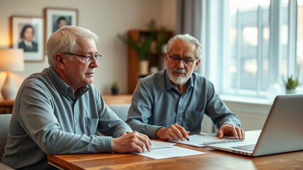 Elderly couple discussing house sale with agent, evaluating documents.