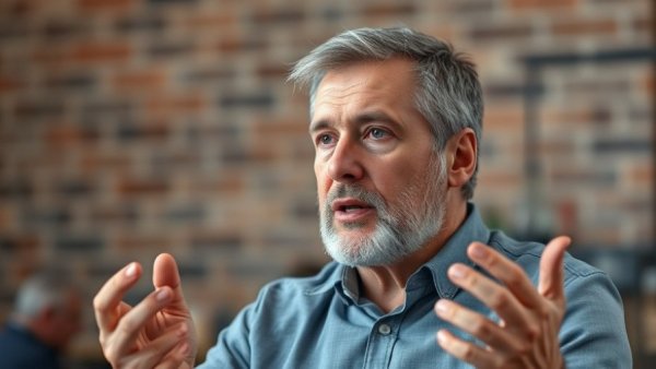 Photorealistic image of a middle-aged man in an interview setting.