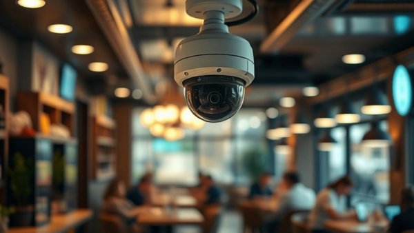 Security camera monitoring busy cafe, smart home security.