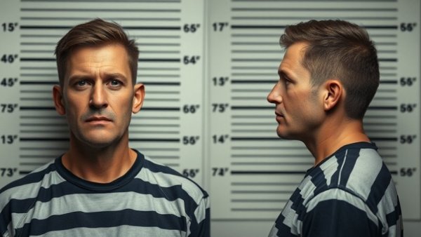 Mugshot of man arrested for public intoxication in a striped prison uniform.