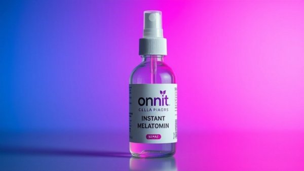 Colorful presentation of Onnit Instant Melatonin Spray bottle.
