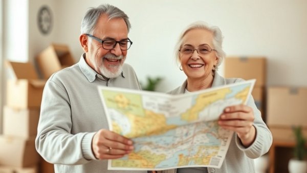 Elderly couple planning retirement with map, best states for retirees in 2026.