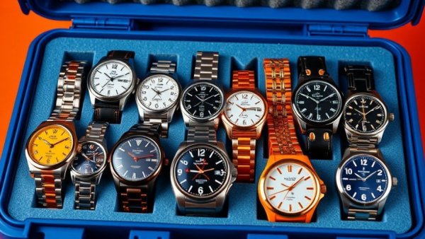 Budget watch collection in a blue case against orange background.