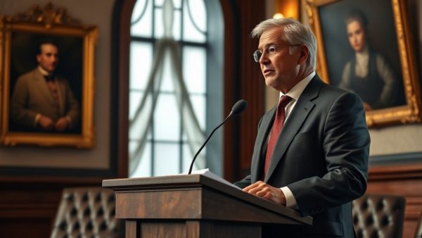 Distinguished speaker giving a lecture in an interior room with portraits.