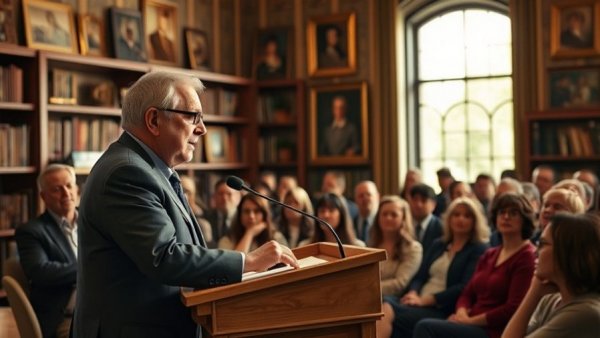 Speaker at podium in vintage study room discussing Peter Thiel dietary restrictions.
