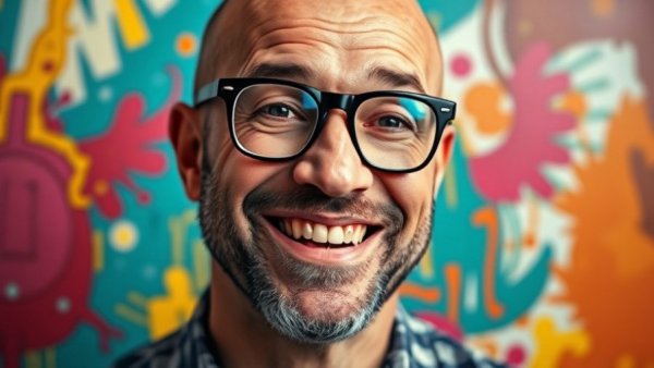 Artistic portrait of a smiling man with glasses in colorful background, signifying intimacy crisis dating divide.